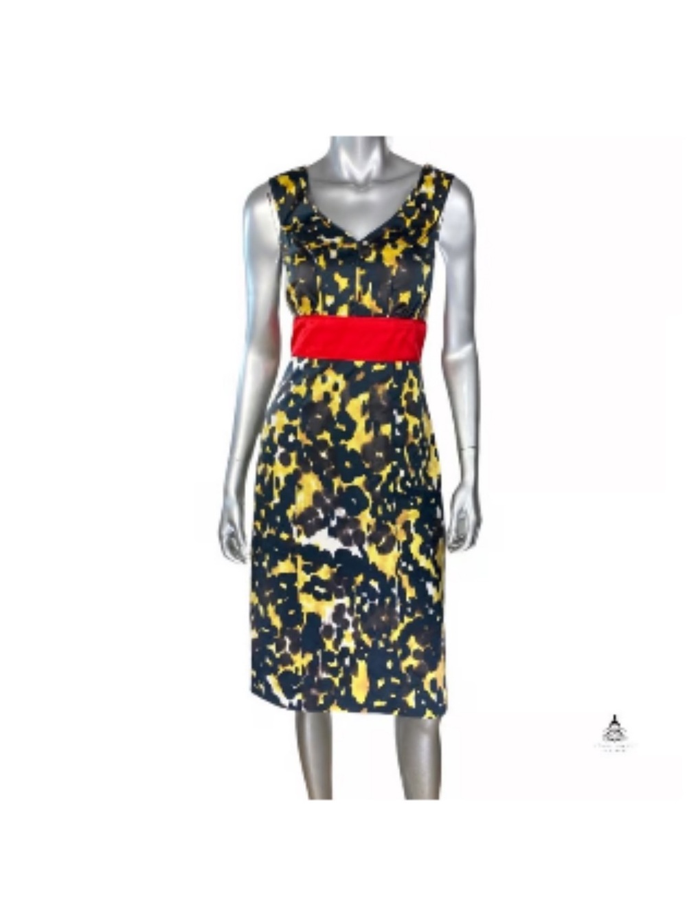 Etcetera Animal Print Silk Blend Sheath Dress Red Empire Waist Belted